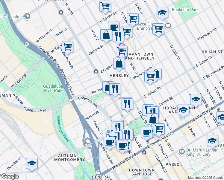 map of restaurants, bars, coffee shops, grocery stores, and more near 415 North 2nd Street in San Jose
