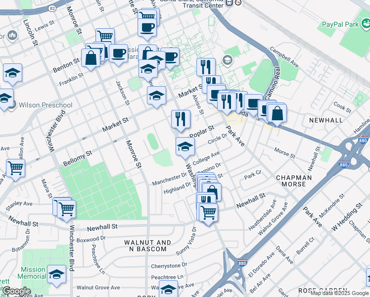 map of restaurants, bars, coffee shops, grocery stores, and more near 270 Washington Street in Santa Clara