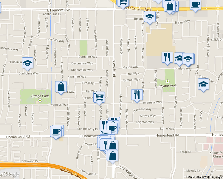 map of restaurants, bars, coffee shops, grocery stores, and more near 1571 South Wolfe Road in Sunnyvale