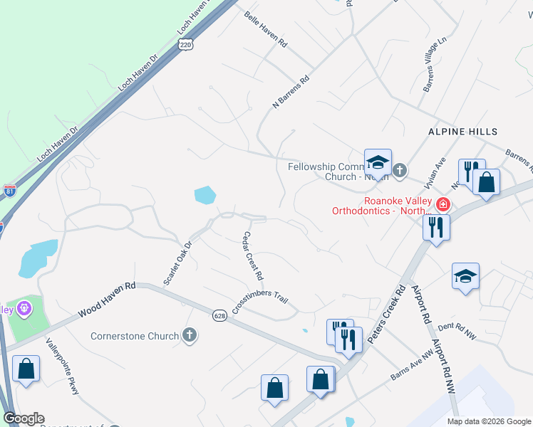 map of restaurants, bars, coffee shops, grocery stores, and more near 7221 Scarlet Oak Drive in Hollins