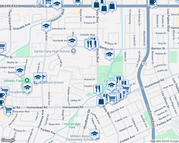 map of restaurants, bars, coffee shops, grocery stores, and more near 2945 Via Roma Place in Santa Clara