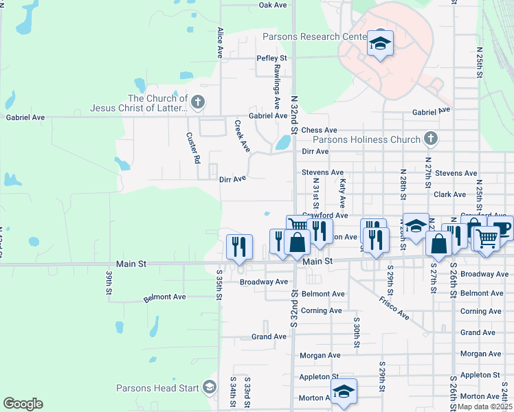 map of restaurants, bars, coffee shops, grocery stores, and more near 3212-3368 Clark Avenue in Parsons