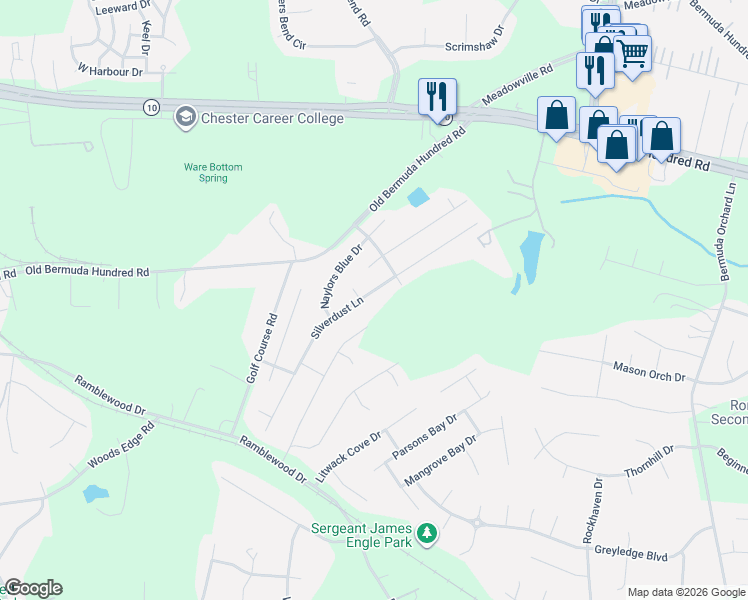 map of restaurants, bars, coffee shops, grocery stores, and more near 13419 Silverdust Ln in Chester