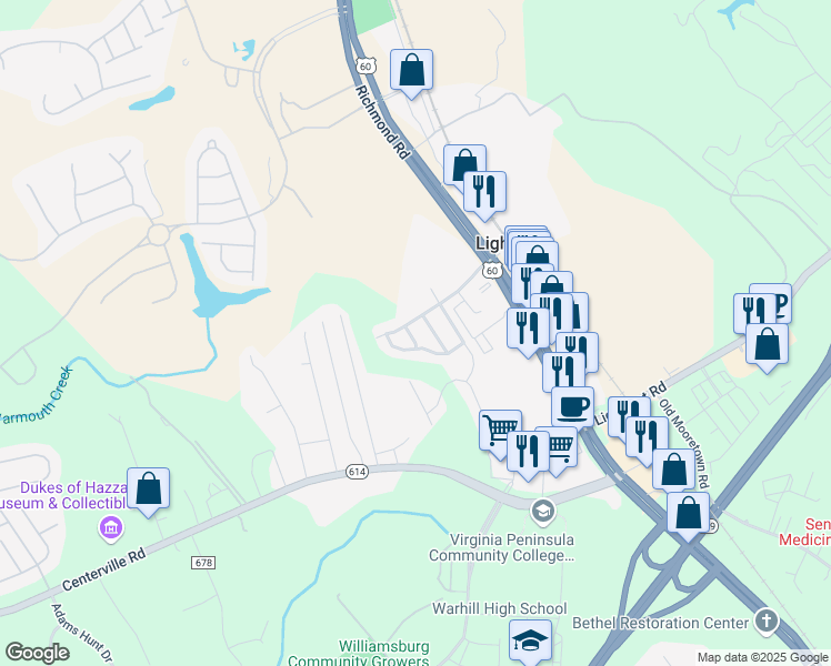map of restaurants, bars, coffee shops, grocery stores, and more near 6501 Campaign Street in Williamsburg