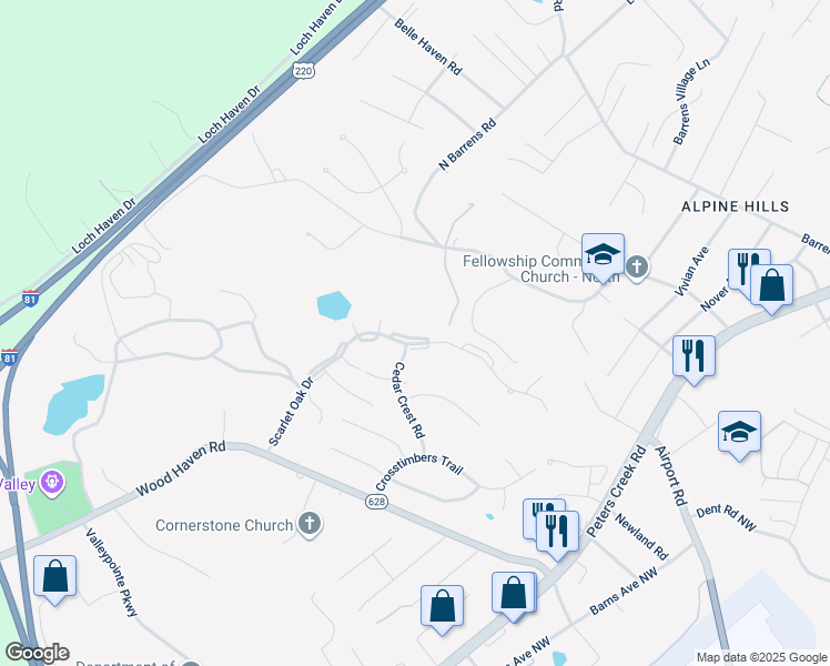 map of restaurants, bars, coffee shops, grocery stores, and more near 7206 Red Cedar Circle in Roanoke