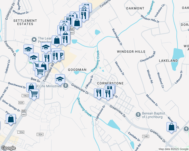map of restaurants, bars, coffee shops, grocery stores, and more near 202 Capstone Drive in Lynchburg