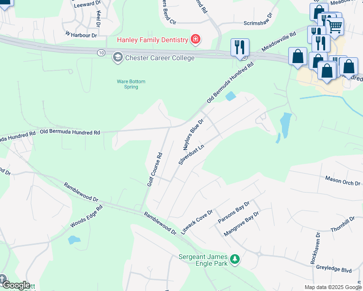 map of restaurants, bars, coffee shops, grocery stores, and more near 13472 Naylors Blue Drive in Chester
