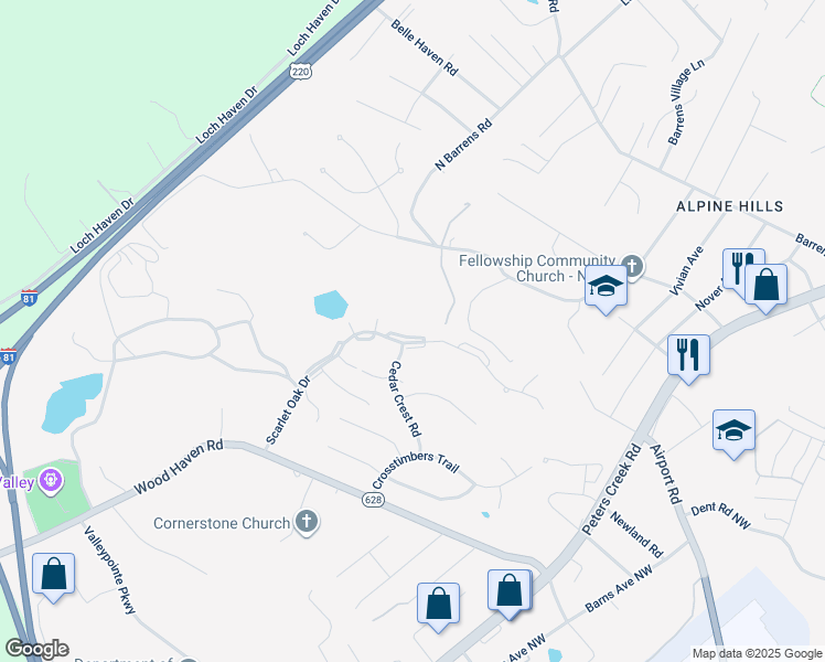 map of restaurants, bars, coffee shops, grocery stores, and more near 7206 Red Cedar Circle in Roanoke