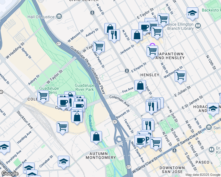 map of restaurants, bars, coffee shops, grocery stores, and more near 173 Clayton Avenue in San Jose