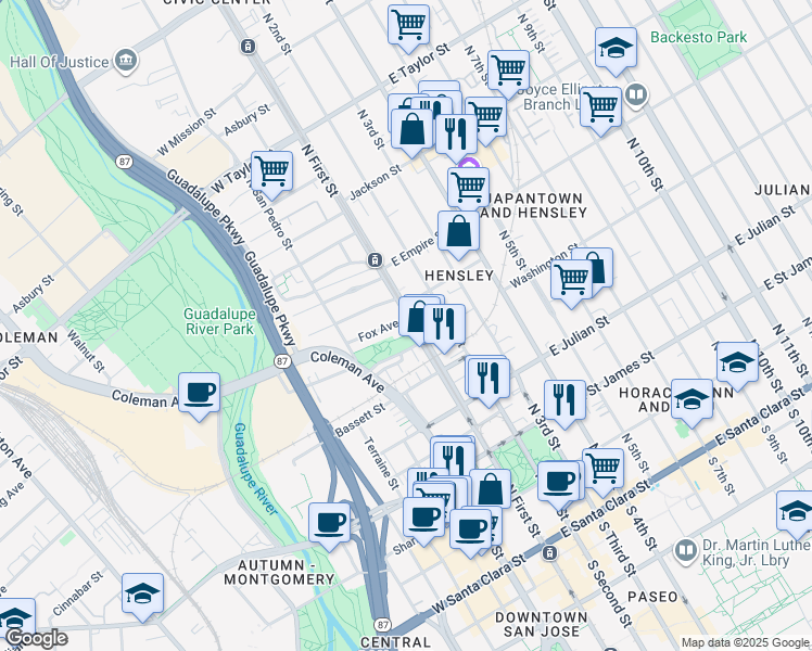 map of restaurants, bars, coffee shops, grocery stores, and more near 445 North First Street in San Jose