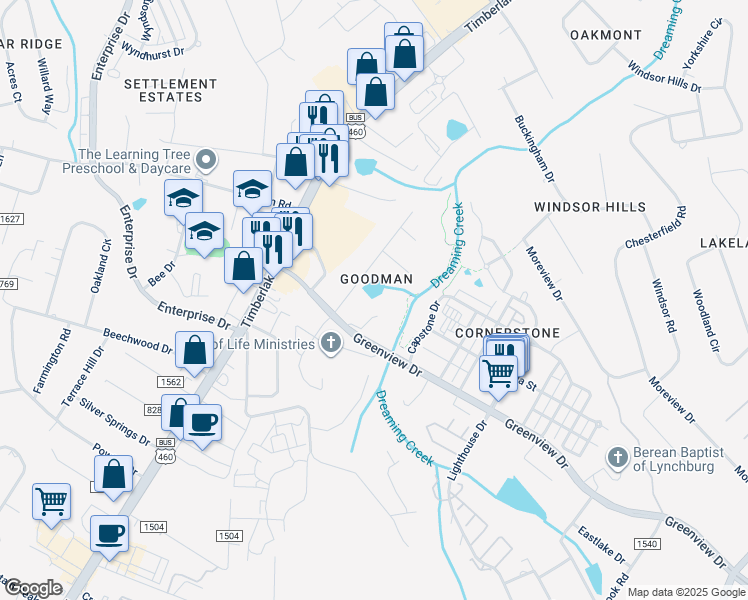 map of restaurants, bars, coffee shops, grocery stores, and more near 1044 Greenview Drive in Lynchburg