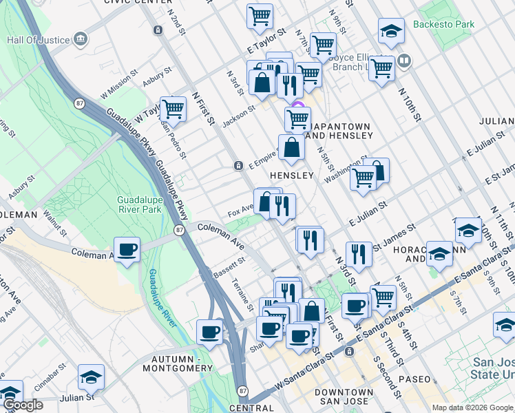 map of restaurants, bars, coffee shops, grocery stores, and more near 445 North First Street in San Jose
