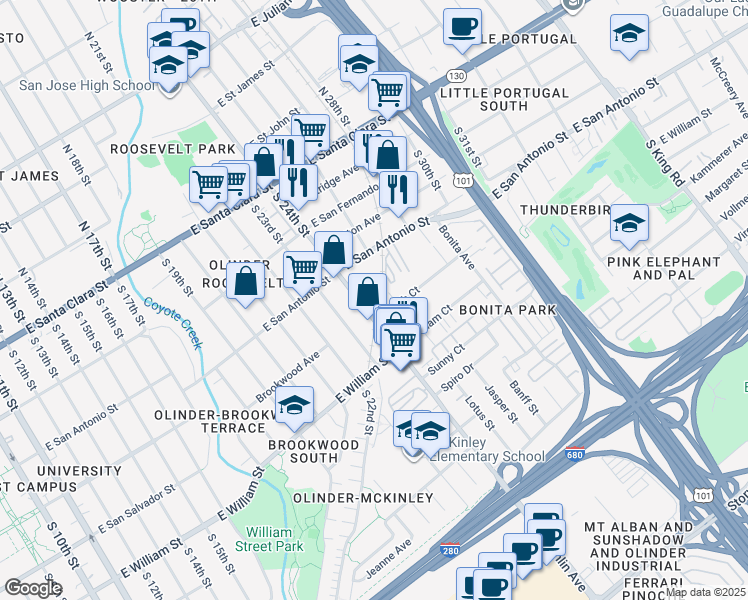 map of restaurants, bars, coffee shops, grocery stores, and more near 300 South 24th Street in San Jose