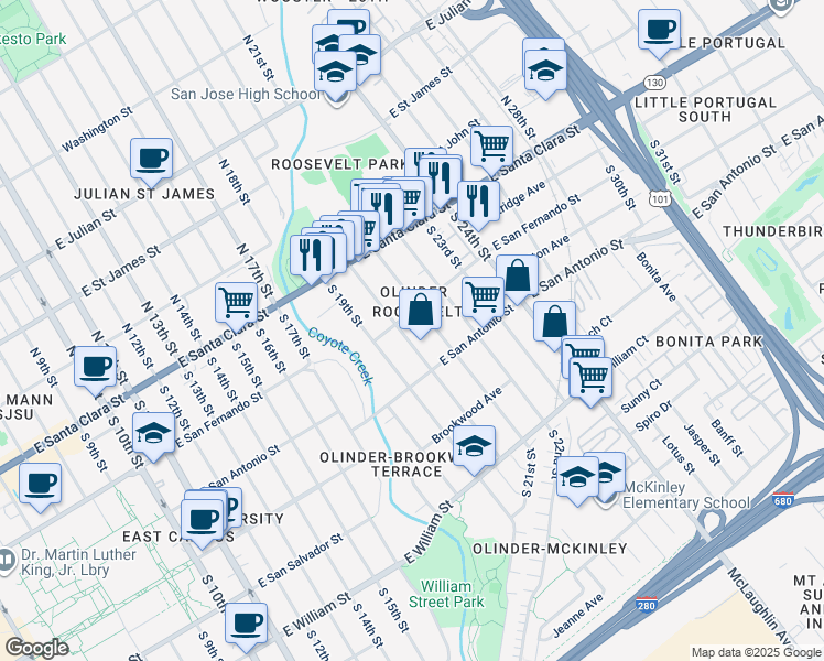 map of restaurants, bars, coffee shops, grocery stores, and more near 133 South 20th Street in San Jose
