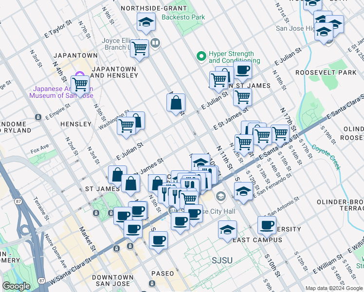 map of restaurants, bars, coffee shops, grocery stores, and more near 161 North 9th Street in San Jose