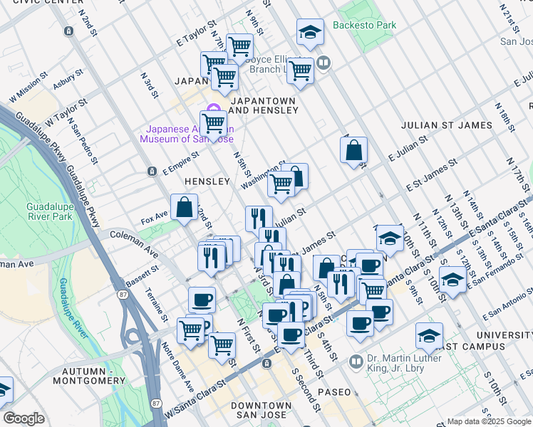 map of restaurants, bars, coffee shops, grocery stores, and more near 301 North 5th Street in San Jose