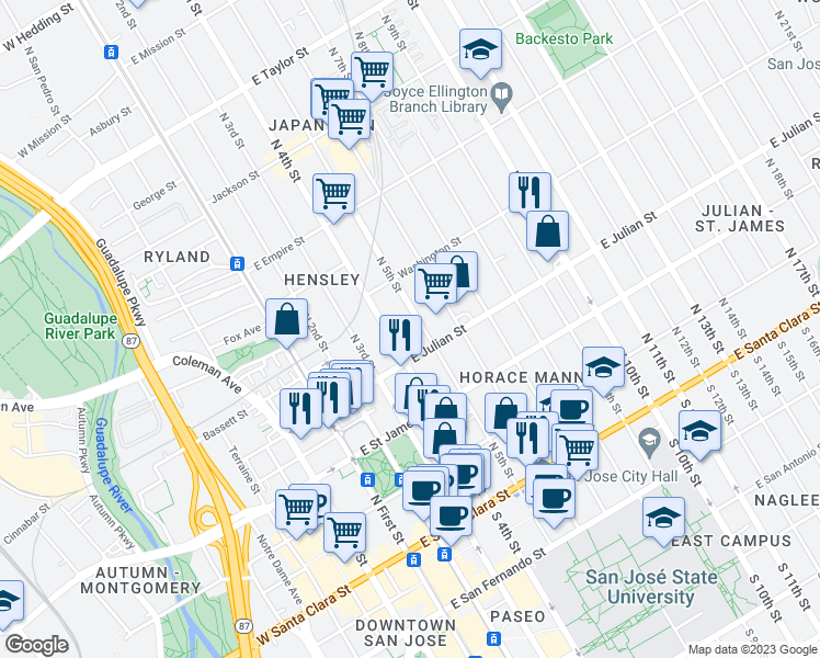 map of restaurants, bars, coffee shops, grocery stores, and more near 301 North 5th Street in San Jose