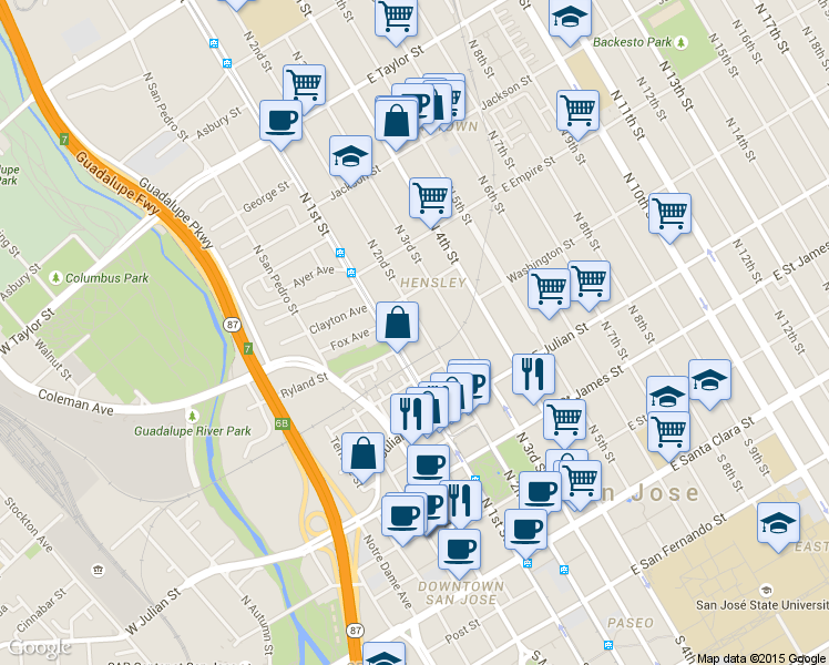 map of restaurants, bars, coffee shops, grocery stores, and more near 415 North 2nd Street in San Jose