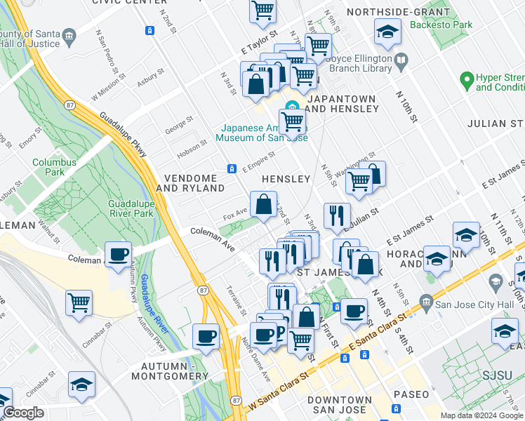 map of restaurants, bars, coffee shops, grocery stores, and more near 421 North 1st Street in San Jose