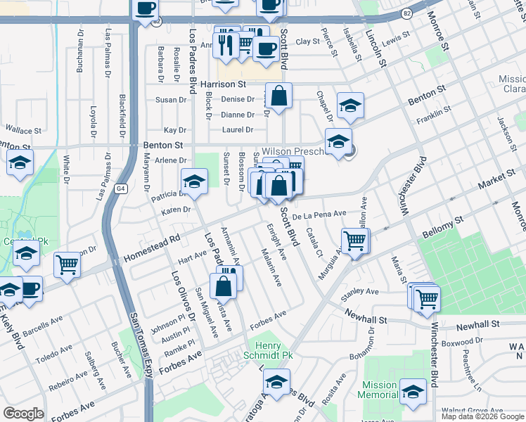 map of restaurants, bars, coffee shops, grocery stores, and more near 764 Enright Avenue in Santa Clara