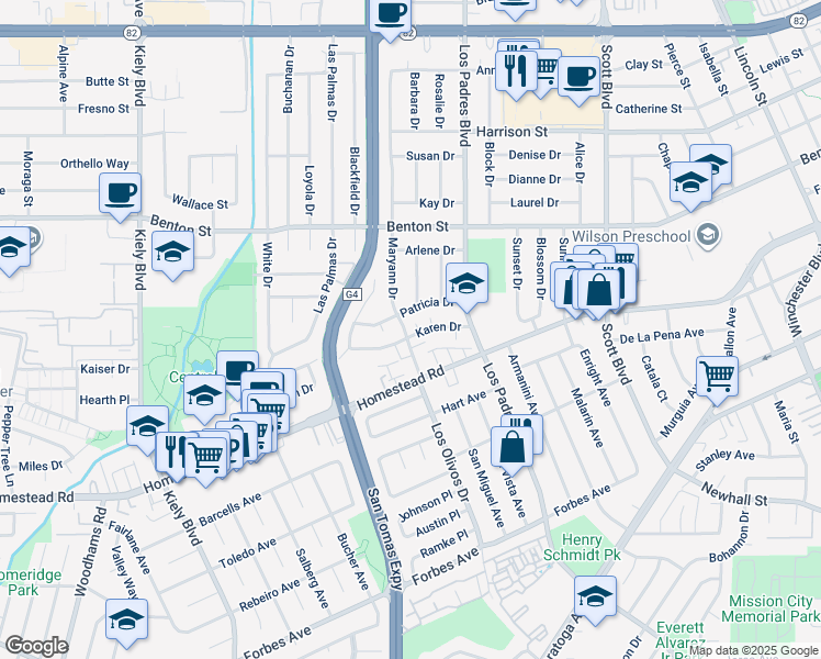 map of restaurants, bars, coffee shops, grocery stores, and more near 2361 De Varona Place in Santa Clara