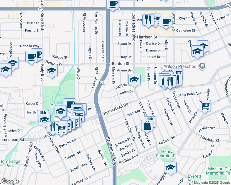 map of restaurants, bars, coffee shops, grocery stores, and more near 2416 Karen Drive in Santa Clara