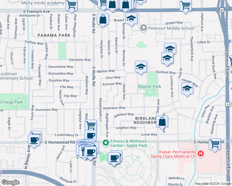 map of restaurants, bars, coffee shops, grocery stores, and more near 1576 Nuthatch Lane in Sunnyvale