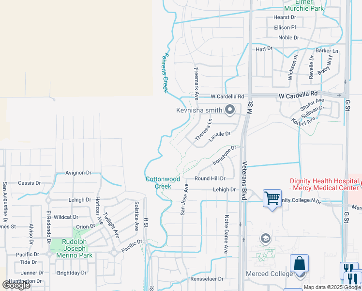 map of restaurants, bars, coffee shops, grocery stores, and more near 4202 Theresa Court in Merced