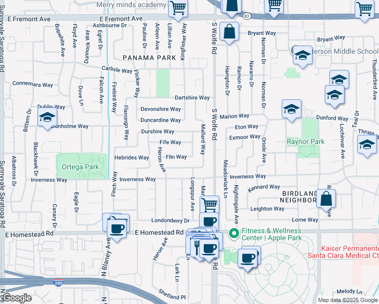 map of restaurants, bars, coffee shops, grocery stores, and more near 1567 Magpie Lane in Sunnyvale