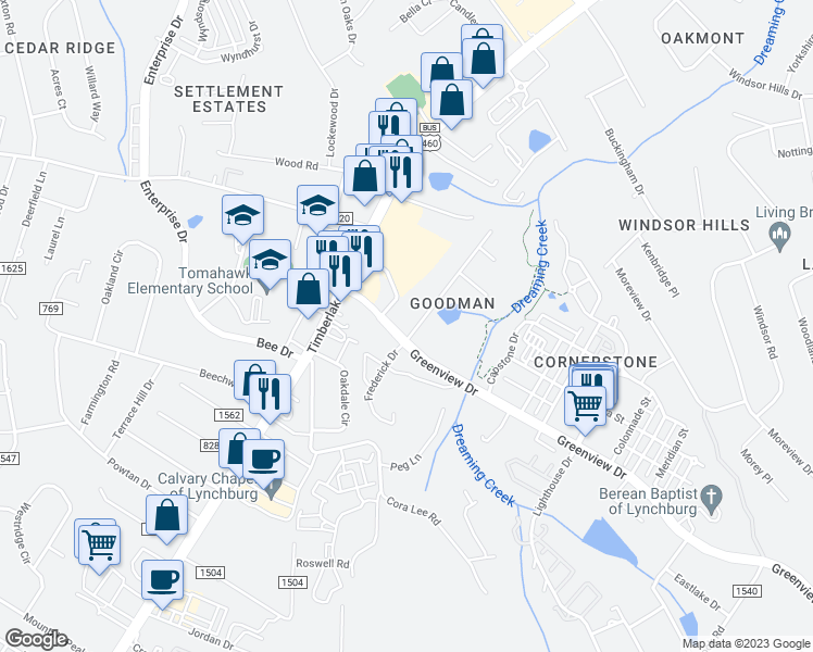 map of restaurants, bars, coffee shops, grocery stores, and more near 101 Frederick Drive in Lynchburg