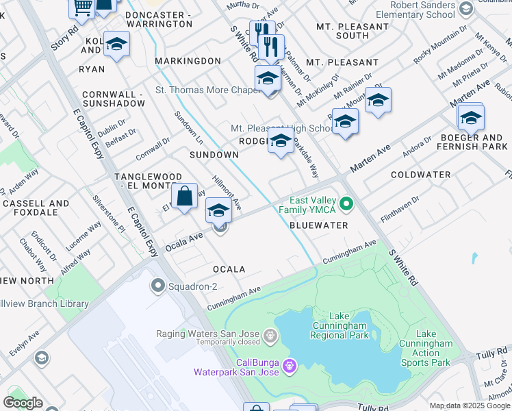 map of restaurants, bars, coffee shops, grocery stores, and more near 2925 Ocala Avenue in San Jose