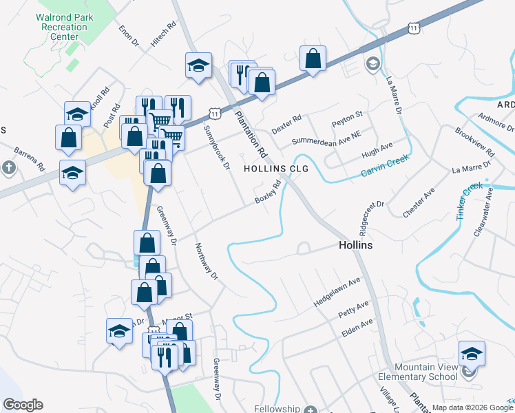 map of restaurants, bars, coffee shops, grocery stores, and more near 517 Boxley Road in Hollins