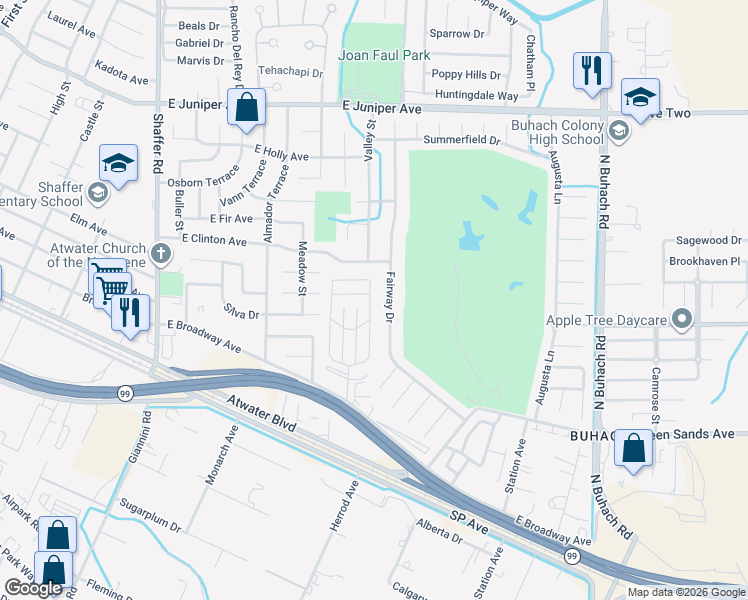 map of restaurants, bars, coffee shops, grocery stores, and more near 1205 Fairway Drive in Atwater