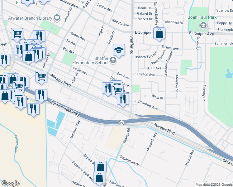 map of restaurants, bars, coffee shops, grocery stores, and more near 282 Broadway Avenue in Atwater
