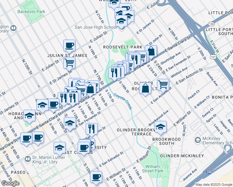 map of restaurants, bars, coffee shops, grocery stores, and more near 79 South 17th Street in San Jose