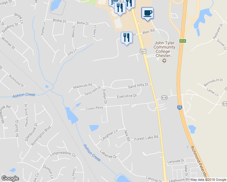 map of restaurants, bars, coffee shops, grocery stores, and more near 2825 Sand Hills Drive in Chester