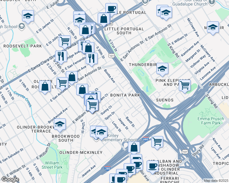 map of restaurants, bars, coffee shops, grocery stores, and more near 1340 East William Court in San Jose