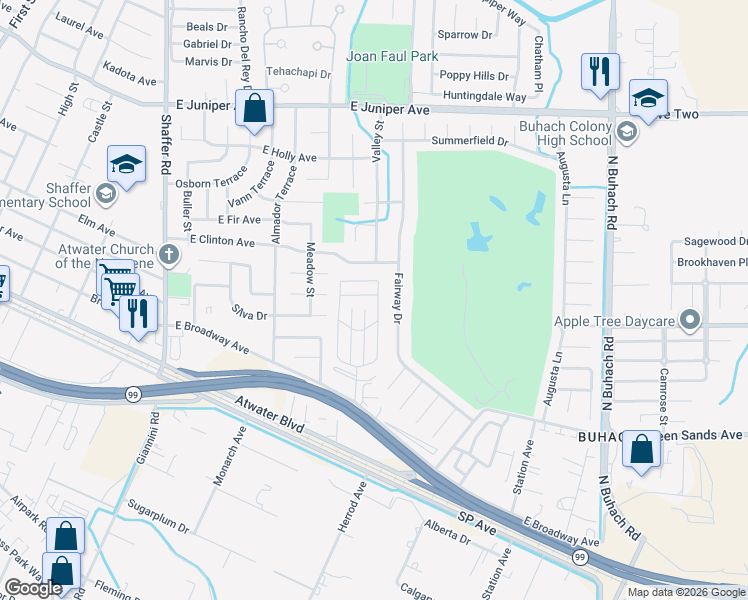 map of restaurants, bars, coffee shops, grocery stores, and more near 73 La Playa Way in Atwater