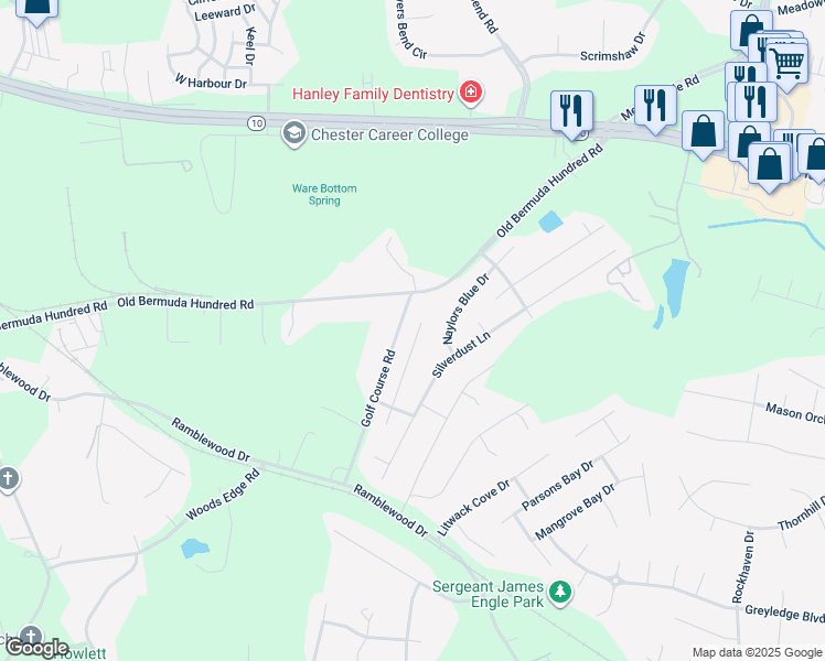map of restaurants, bars, coffee shops, grocery stores, and more near 13518 Green Spire Court in Chester