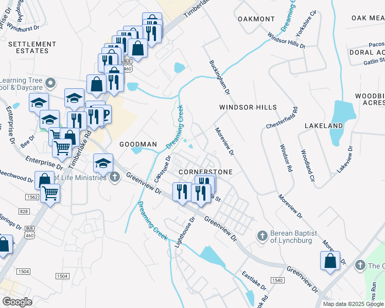 map of restaurants, bars, coffee shops, grocery stores, and more near 401 Cornerstone Street in Lynchburg
