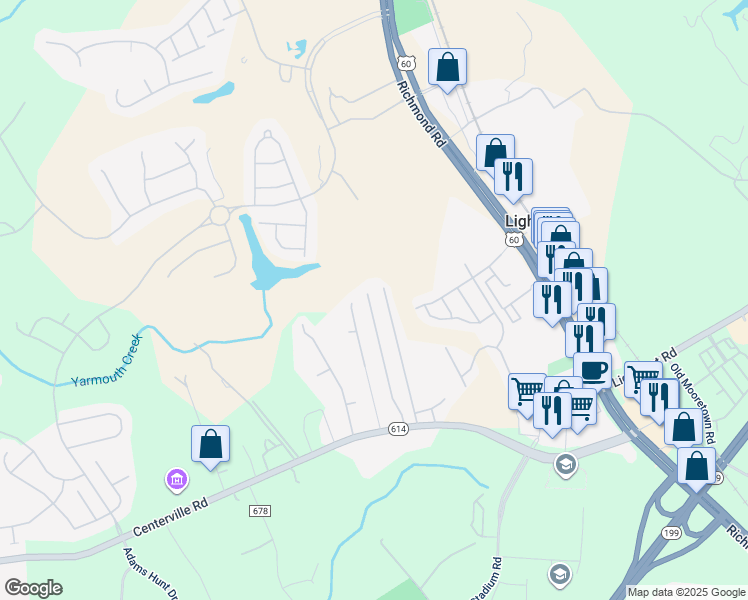 map of restaurants, bars, coffee shops, grocery stores, and more near 122 Briar Lane in Williamsburg