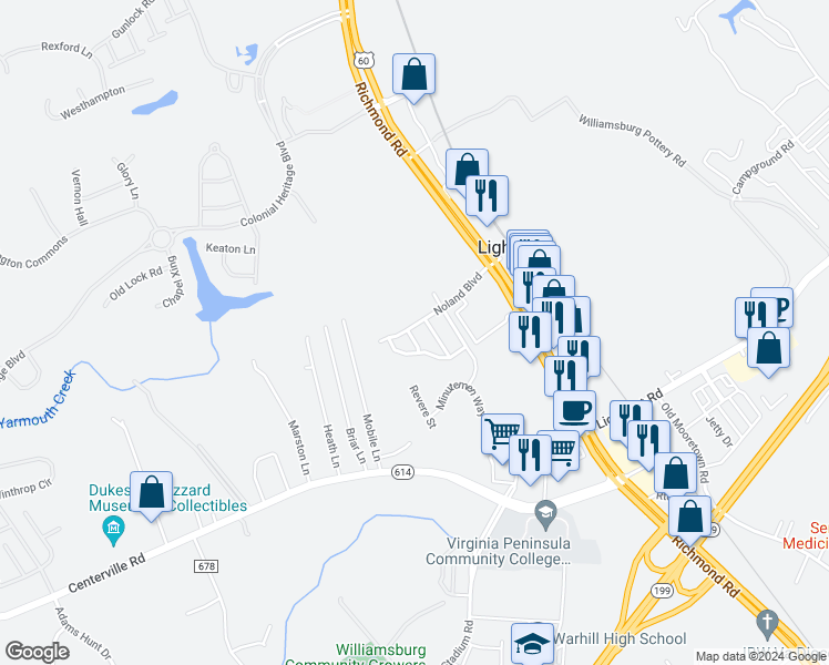 map of restaurants, bars, coffee shops, grocery stores, and more near 4655 Noland Boulevard in Williamsburg