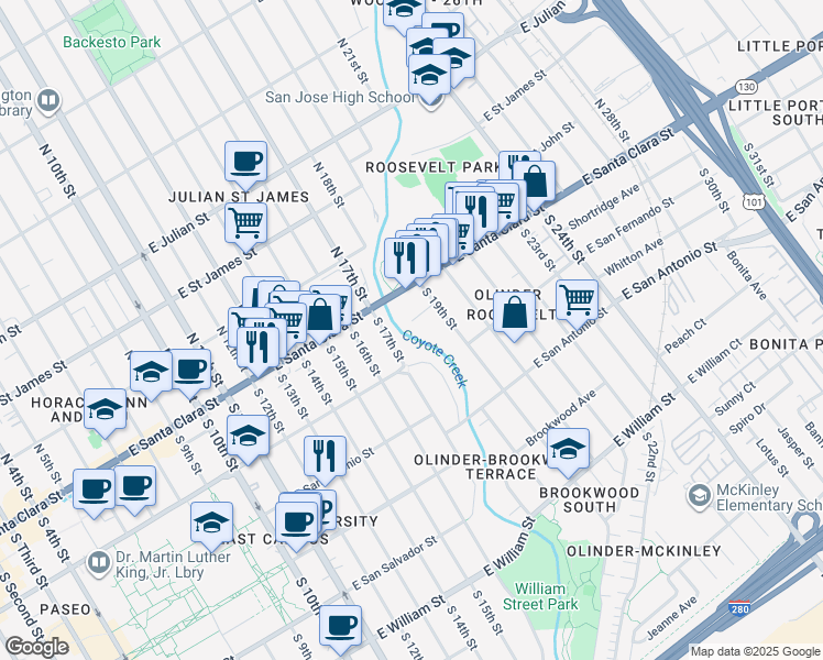 map of restaurants, bars, coffee shops, grocery stores, and more near 850 Calhoun Street in San Jose