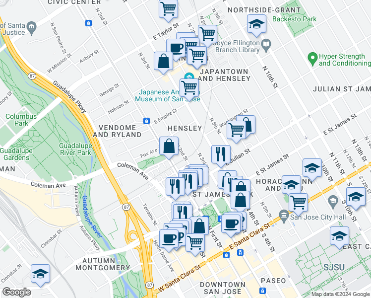 map of restaurants, bars, coffee shops, grocery stores, and more near 415 North 2nd Street in San Jose