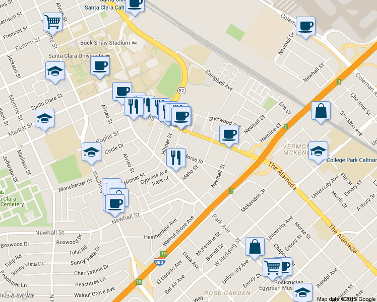 map of restaurants, bars, coffee shops, grocery stores, and more near 1175 Morse Street in San Jose