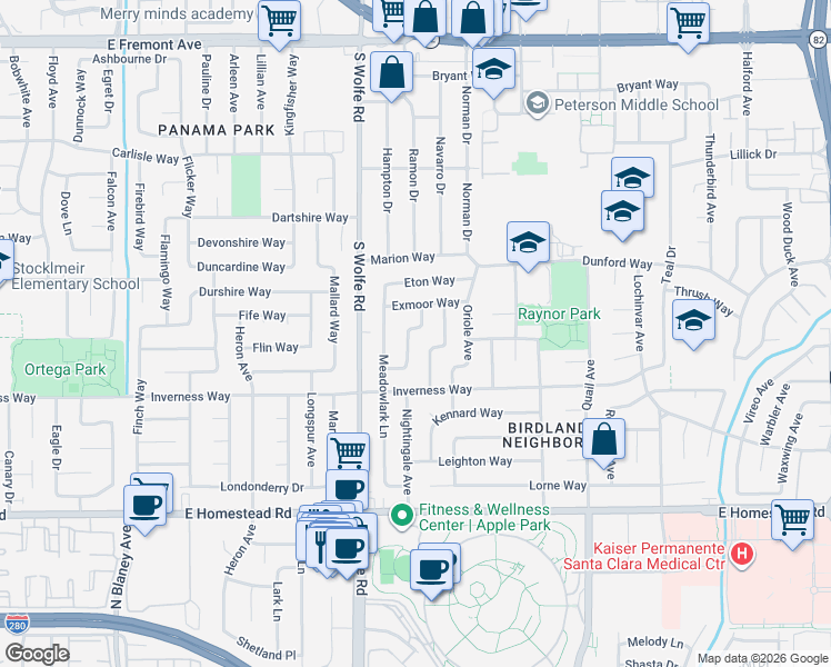 map of restaurants, bars, coffee shops, grocery stores, and more near 1576 Nuthatch Lane in Sunnyvale