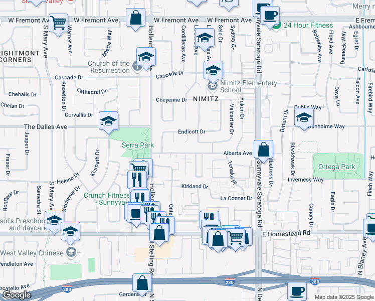 map of restaurants, bars, coffee shops, grocery stores, and more near 1570 Quebec Court in Sunnyvale