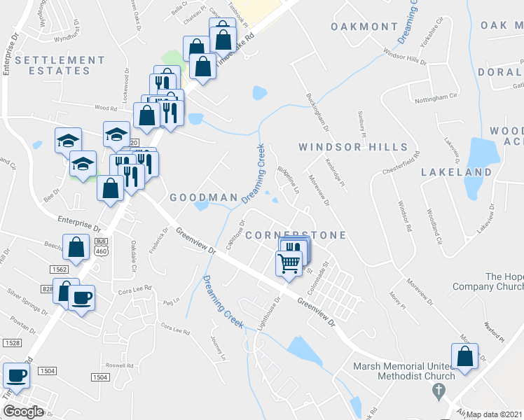 map of restaurants, bars, coffee shops, grocery stores, and more near 201 Capital Street in Lynchburg
