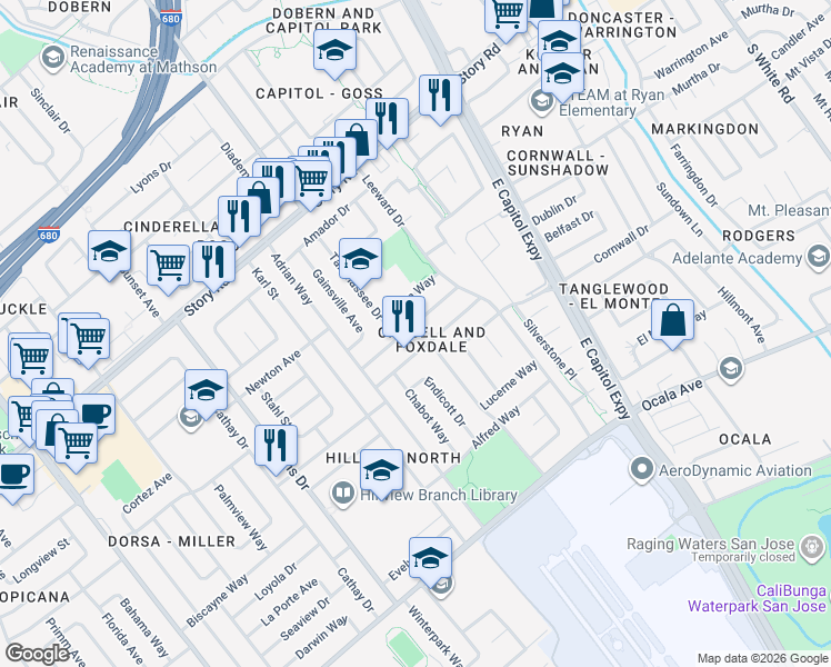 map of restaurants, bars, coffee shops, grocery stores, and more near 2293 Poplar Drive in San Jose