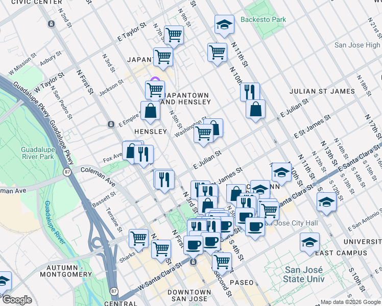 map of restaurants, bars, coffee shops, grocery stores, and more near 301 North 5th Street in San Jose